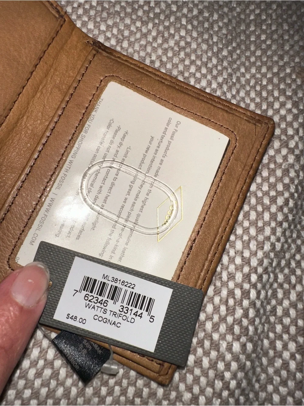 Fossil Tan Leather Trifold Wallet with ID Window